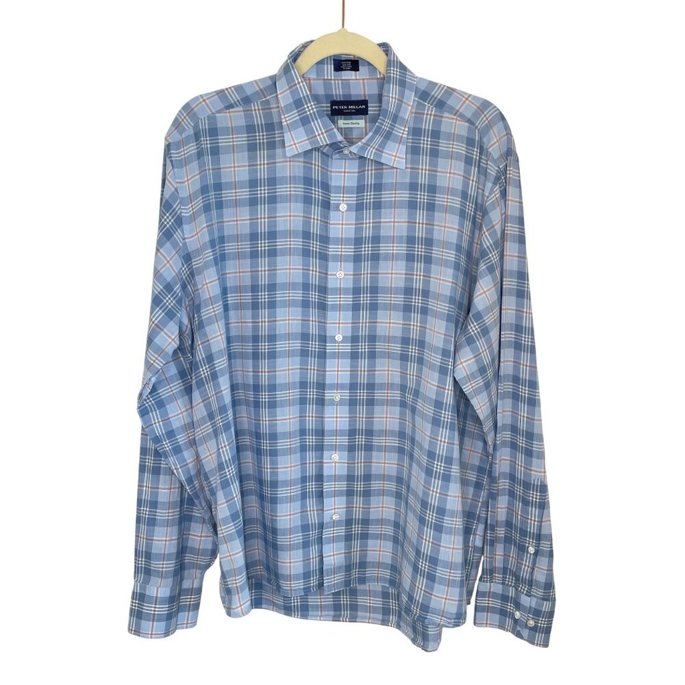 Peter Millar Summer Chambray Blue Plaid Button Down Shirt, XL